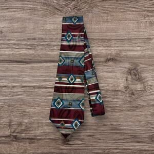Vintage Geometric Patterned Tie - Burgundy and Teal